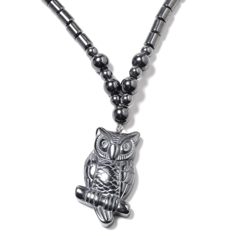 Magnetic by Design Hematite Beaded Necklace 20 Inches with Owl Pendant in Stainless Steel