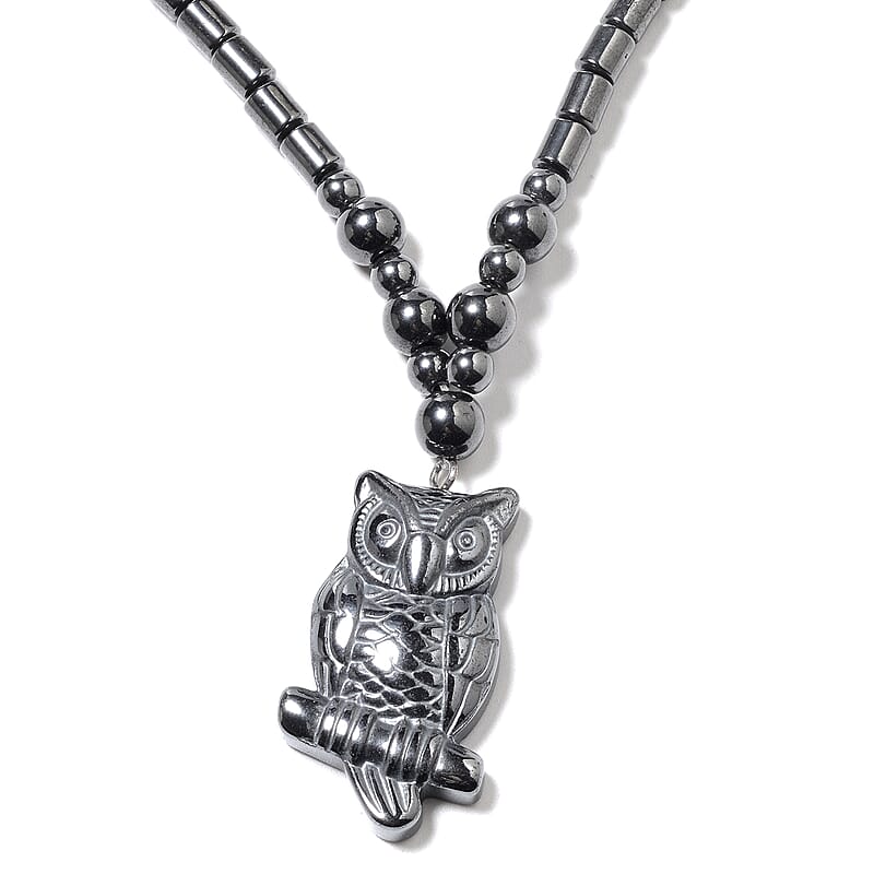 Magnetic by Design Hematite Beaded Necklace 20 Inches with Owl Pendant in Stainless Steel
