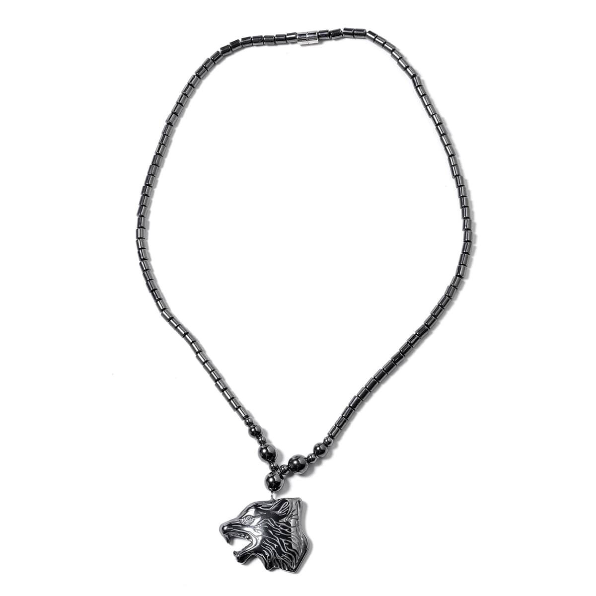 Magnetic by Design Hematite Beaded Necklace 20 Inches with Wolf Pendant in Stainless Steel image number 0