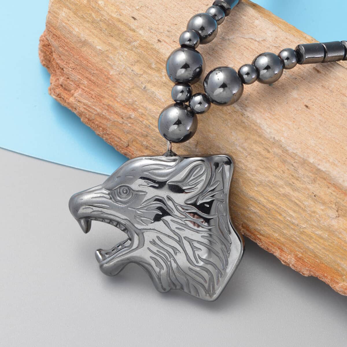 Magnetic by Design Hematite Beaded Necklace 20 Inches with Wolf Pendant in Stainless Steel image number 1