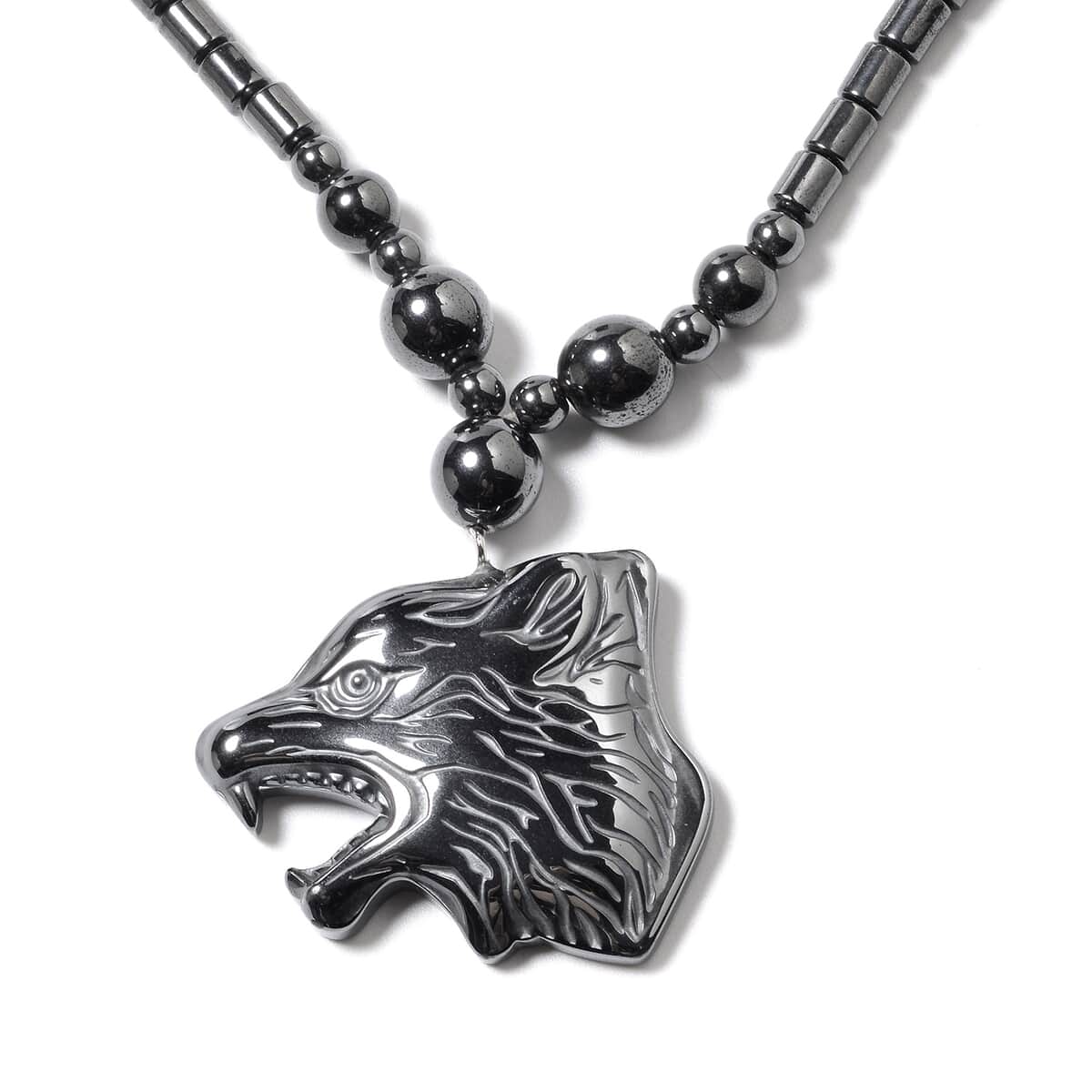 Magnetic by Design Hematite Beaded Necklace 20 Inches with Wolf Pendant in Stainless Steel image number 2