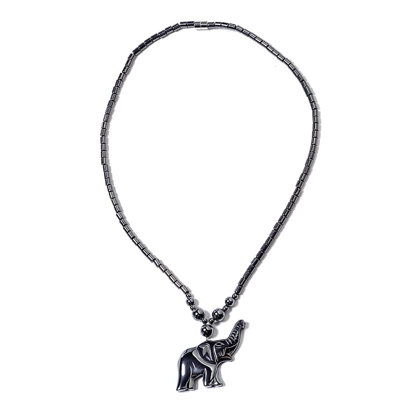 Magnetic by Design Hematite Beaded Necklace 20 Inches with Elephant Pendant in Stainless Steel