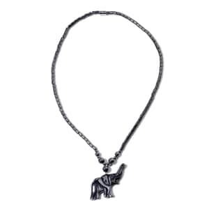Hematite Beaded Necklace 20 Inches with Elephant Pendant in Stainless Steel