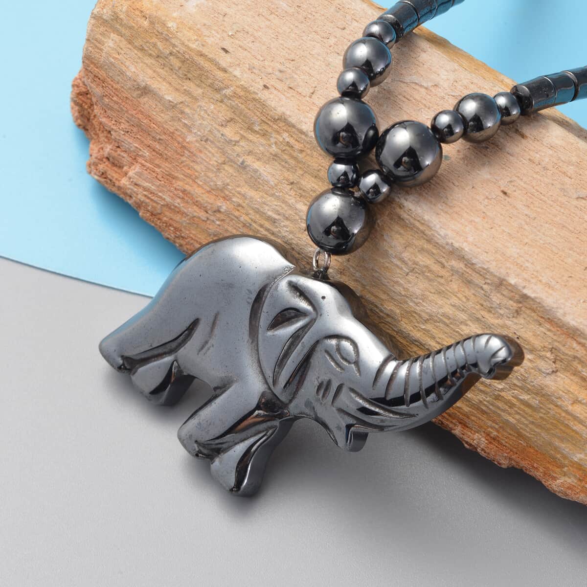 Hematite Beaded Necklace 20 Inches with Elephant Pendant in Stainless Steel image number 1