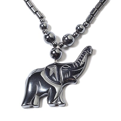 Magnetic by Design Hematite Beaded Necklace 20 Inches with Elephant Pendant in Stainless Steel