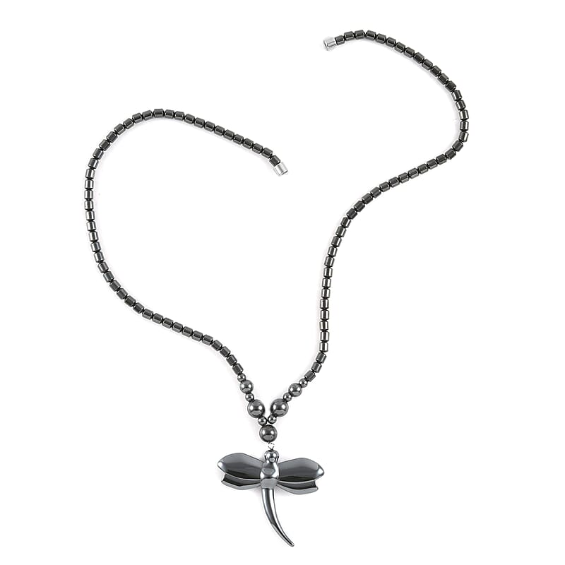 Magnetic by Design Hematite Beaded Necklace 20 Inches with Dragonfly Pendant in Stainless Steel