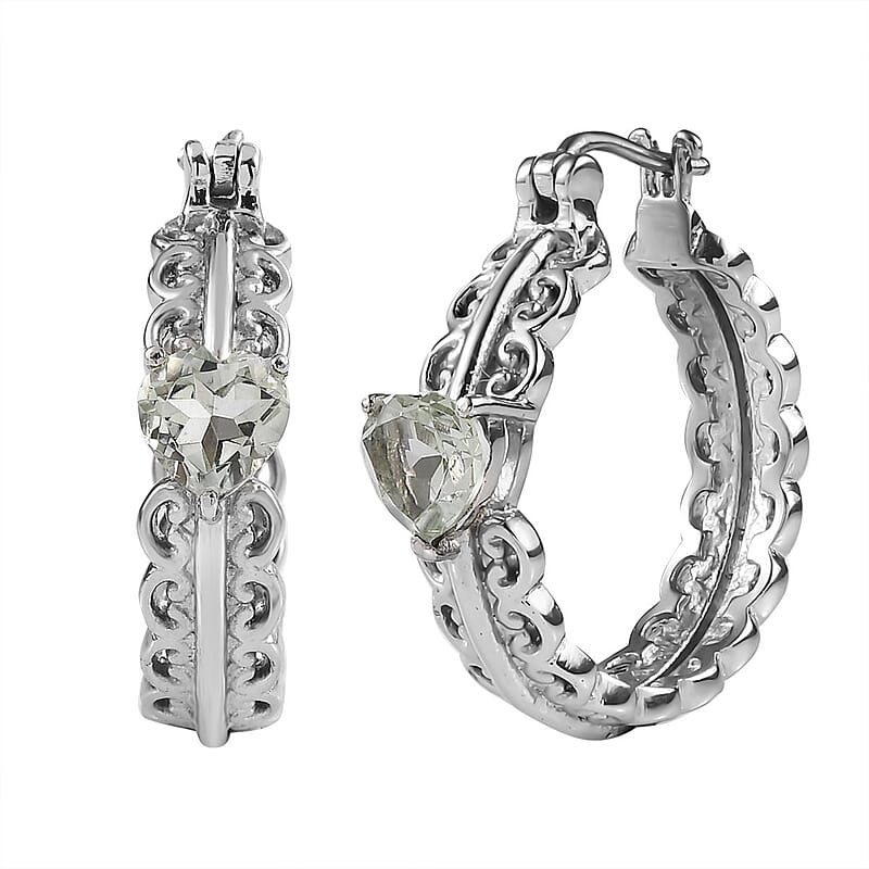 EverTrue Montezuma Prasiolite 3.35 ctw Heart Hoop Earrings in Stainless Steel