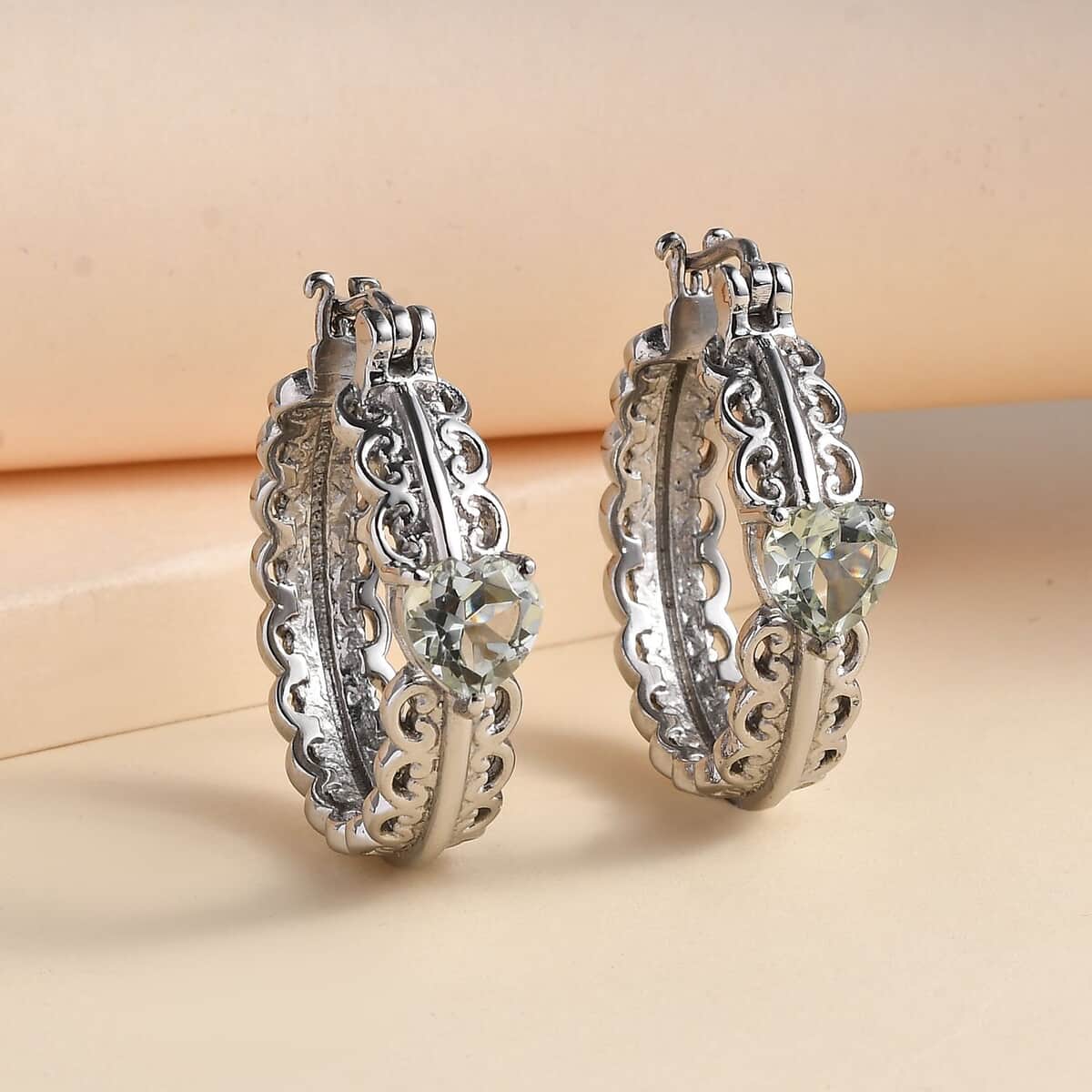 Montezuma Prasiolite Heart Carved Hoop Earrings in Stainless Steel 2.75 ctw image number 1