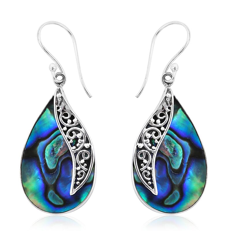 Abalone Shell Drop Earrings for Women in Sterling Silver, Fishhook Earrings, Gift for Her
