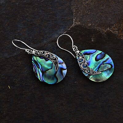 Abalone Shell Drop Earrings for Women in Sterling Silver, Fishhook Earrings, Gift for Her