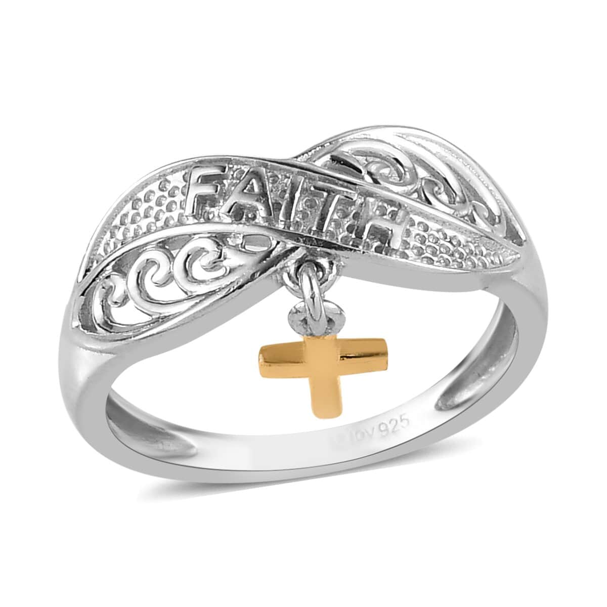 Cross Charm Ring in Vermeil Yellow Gold and Platinum Over Sterling Silver 2.40 Grams image number 0