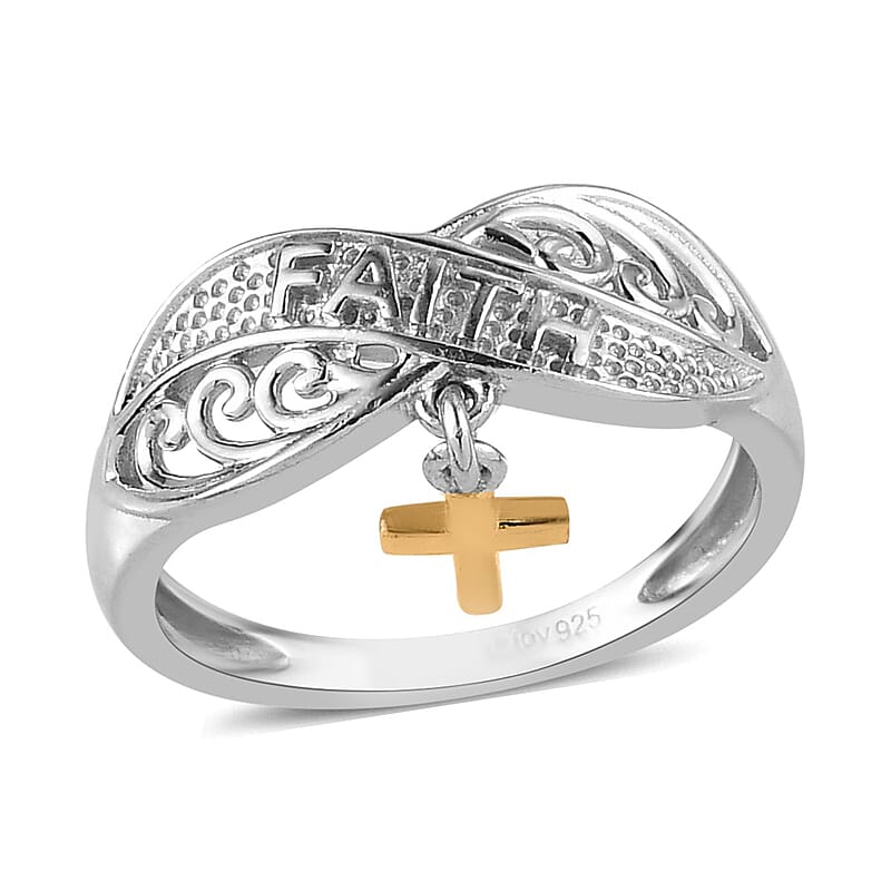 Vermeil Yellow Gold and Platinum Over Sterling Silver Cross Charm Ring (Size 10.0) 2.40 Grams