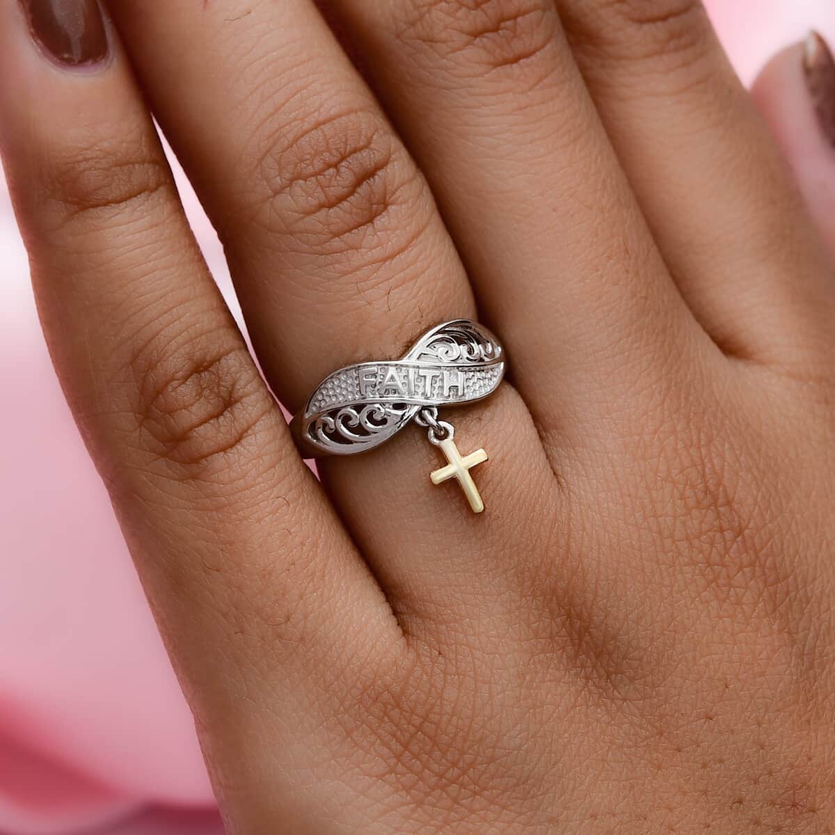 Cross Charm Ring in Vermeil Yellow Gold and Platinum Over Sterling Silver 2.40 Grams image number 2