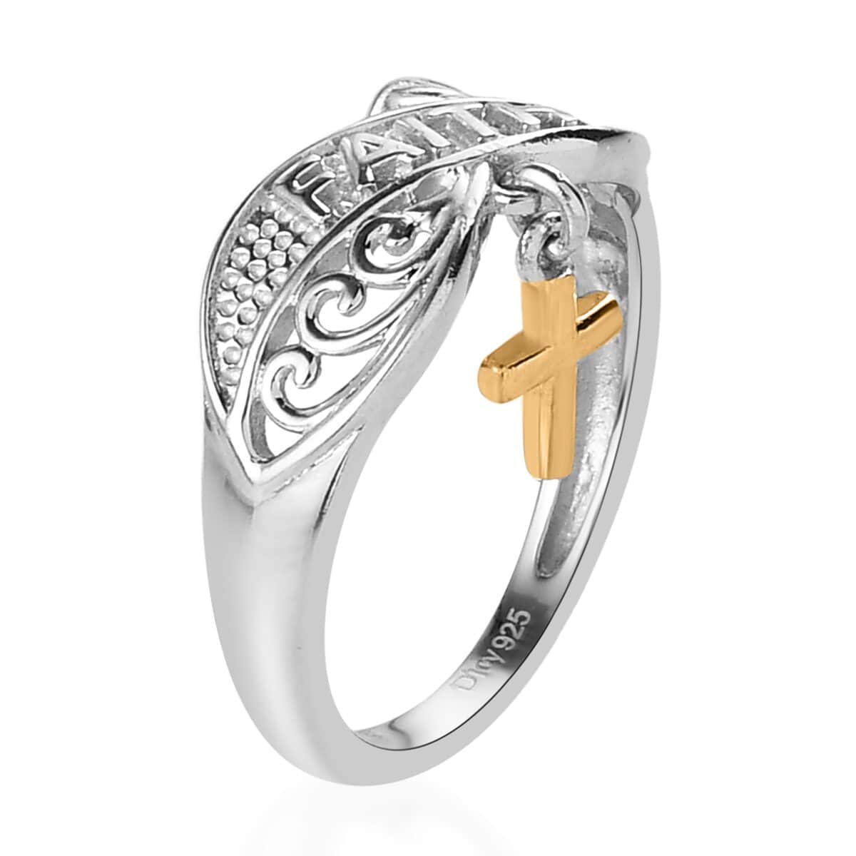 Cross Charm Ring in Vermeil Yellow Gold and Platinum Over Sterling Silver 2.40 Grams image number 3