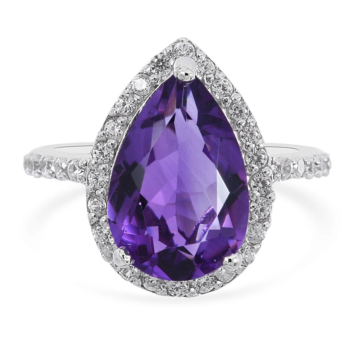 Lusaka Amethyst and White Zircon Halo Ring in Platinum Over Sterling Silver 6.40 ctw image number 0