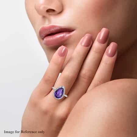 Lusaka Amethyst and White Zircon Halo Ring in Platinum Over Sterling Silver 6.40 ctw image number 1
