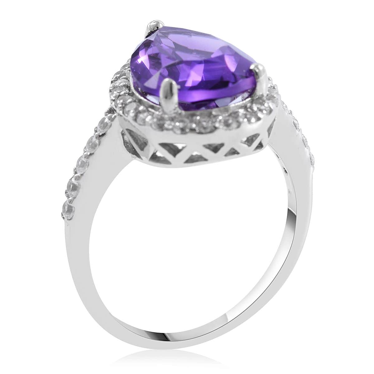 Lusaka Amethyst and White Zircon Halo Ring in Platinum Over Sterling Silver (Size 7.0) 6.40 ctw image number 2