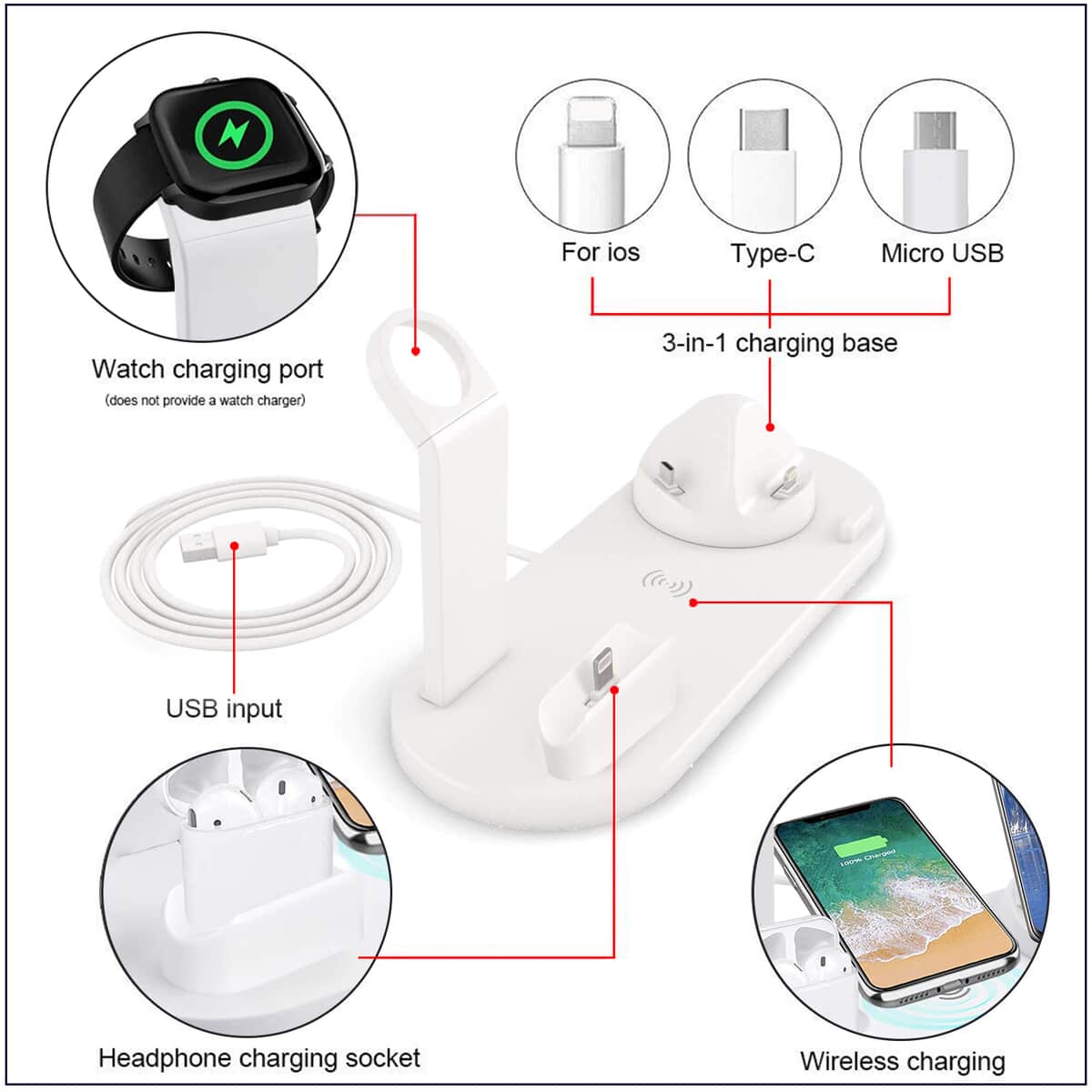 4 in 1 Wireless Charging Station for iPhone, Watch, AirPods & Android phones - White image number 2