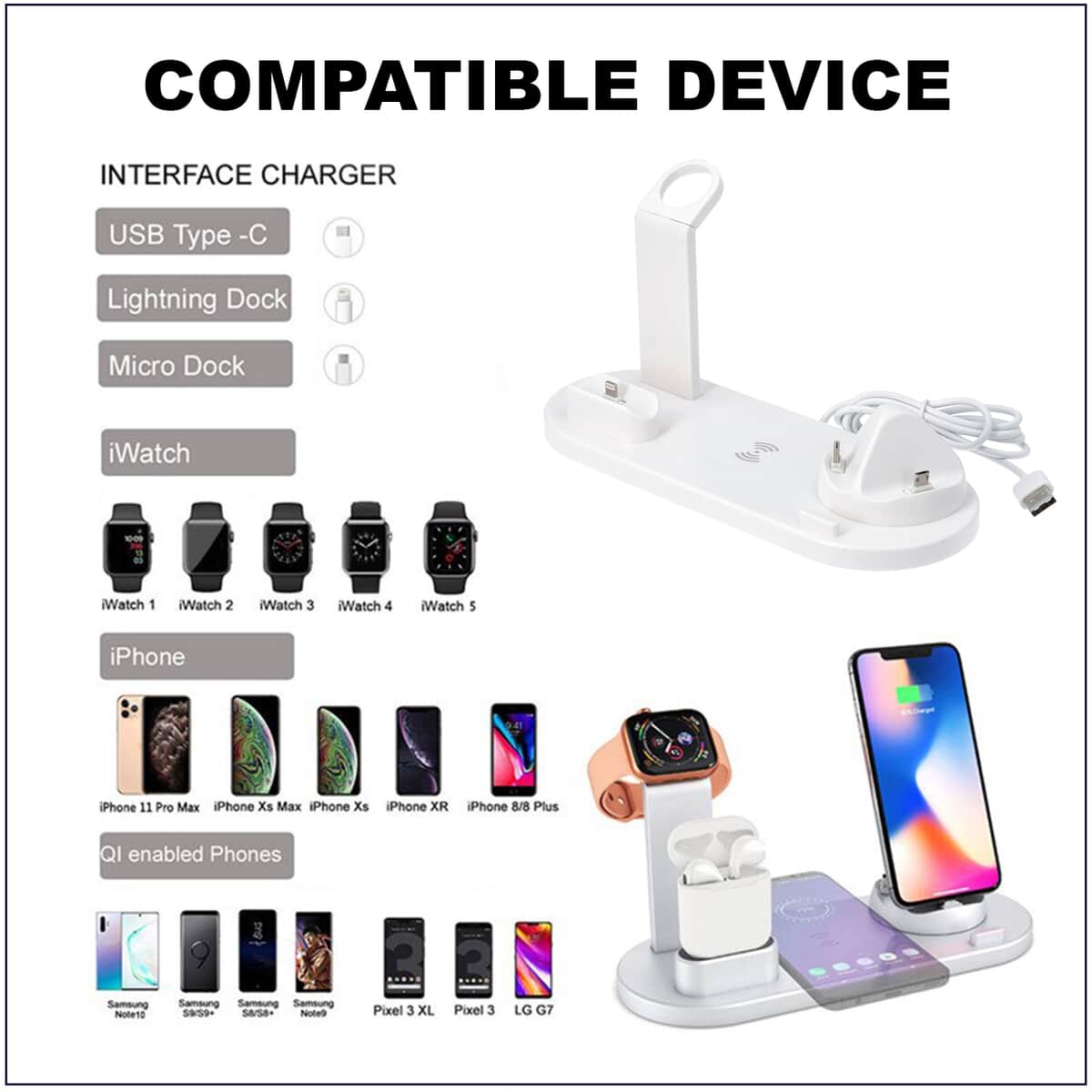 4 in 1 Wireless Charging Station for iPhone, Watch, AirPods & Android phones - White image number 3