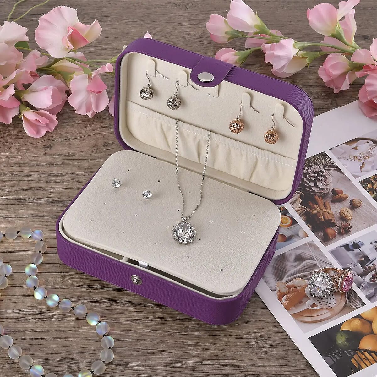 Purple Faux Leather Mini, Portable, Travel Jewelry Organizer Storage Box With Button Closure With Anti-scratch Interior image number 1