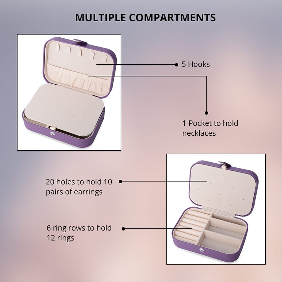 Purple Faux Leather Mini, Portable, Travel Jewelry Organizer Storage Box With Button Closure With Anti-scratch Interior image number 3