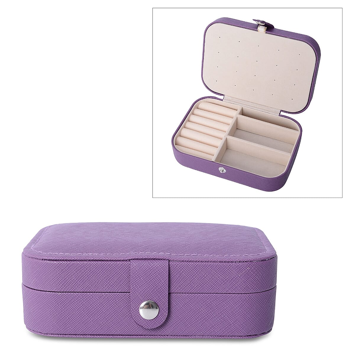 Purple Faux Leather Mini, Portable, Travel Jewelry Organizer Storage Box With Button Closure With Anti-scratch Interior image number 5