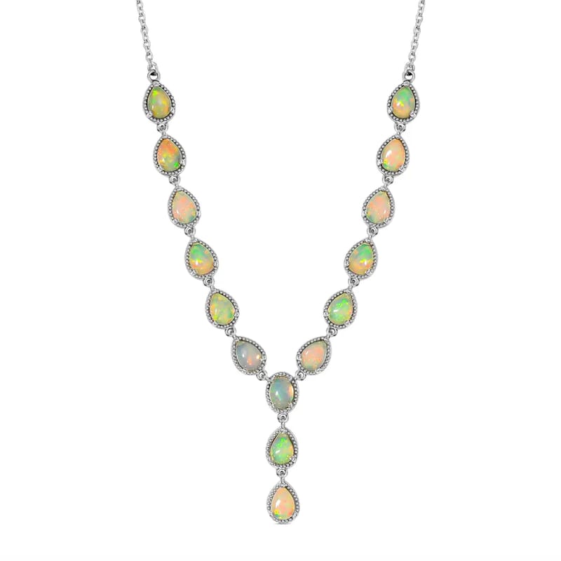 Premium Ethiopian Opal Necklace in Platinum Over Sterling Silver, Lariat Style, Welo Opal Jewelry (18 Inches) 7.50 ctw