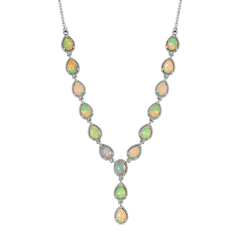 Premium Ethiopian Opal Necklace in Platinum Over Sterling Silver, Lariat Style, Welo Opal Jewelry (18 Inches) 7.50 ctw