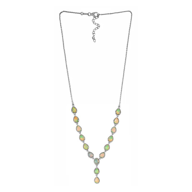 Premium Ethiopian Opal Necklace in Platinum Over Sterling Silver, Lariat Style, Welo Opal Jewelry (18 Inches) 7.50 ctw