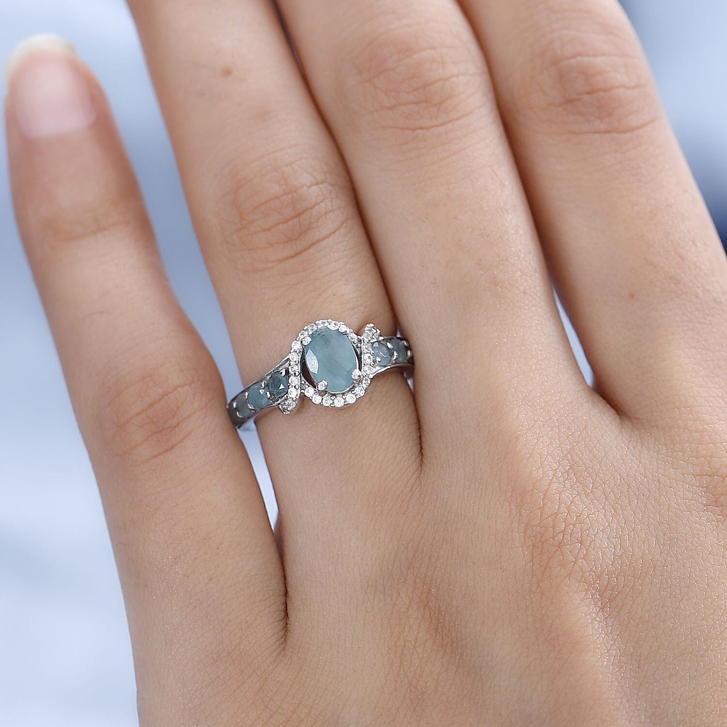 Grandidierite and White Zircon Ring in Platinum Over Sterling Silver (Size 10.0) 1.50 ctw