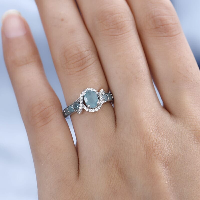 Grandidierite and White Zircon Ring in Platinum Over Sterling Silver (Size 10.0) 1.50 ctw