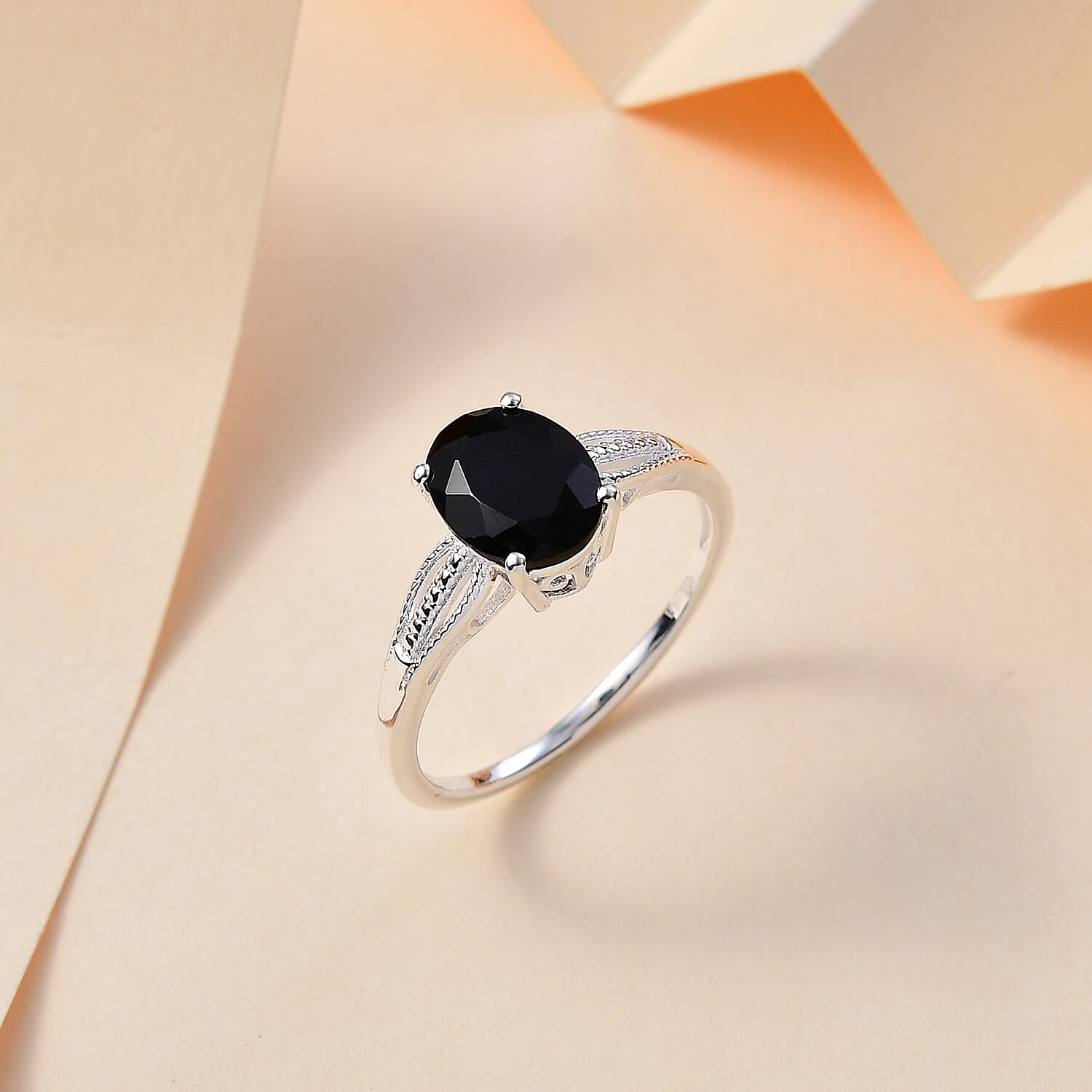Australian Black Tourmaline Solitaire Ring in Platinum Over Sterling Silver