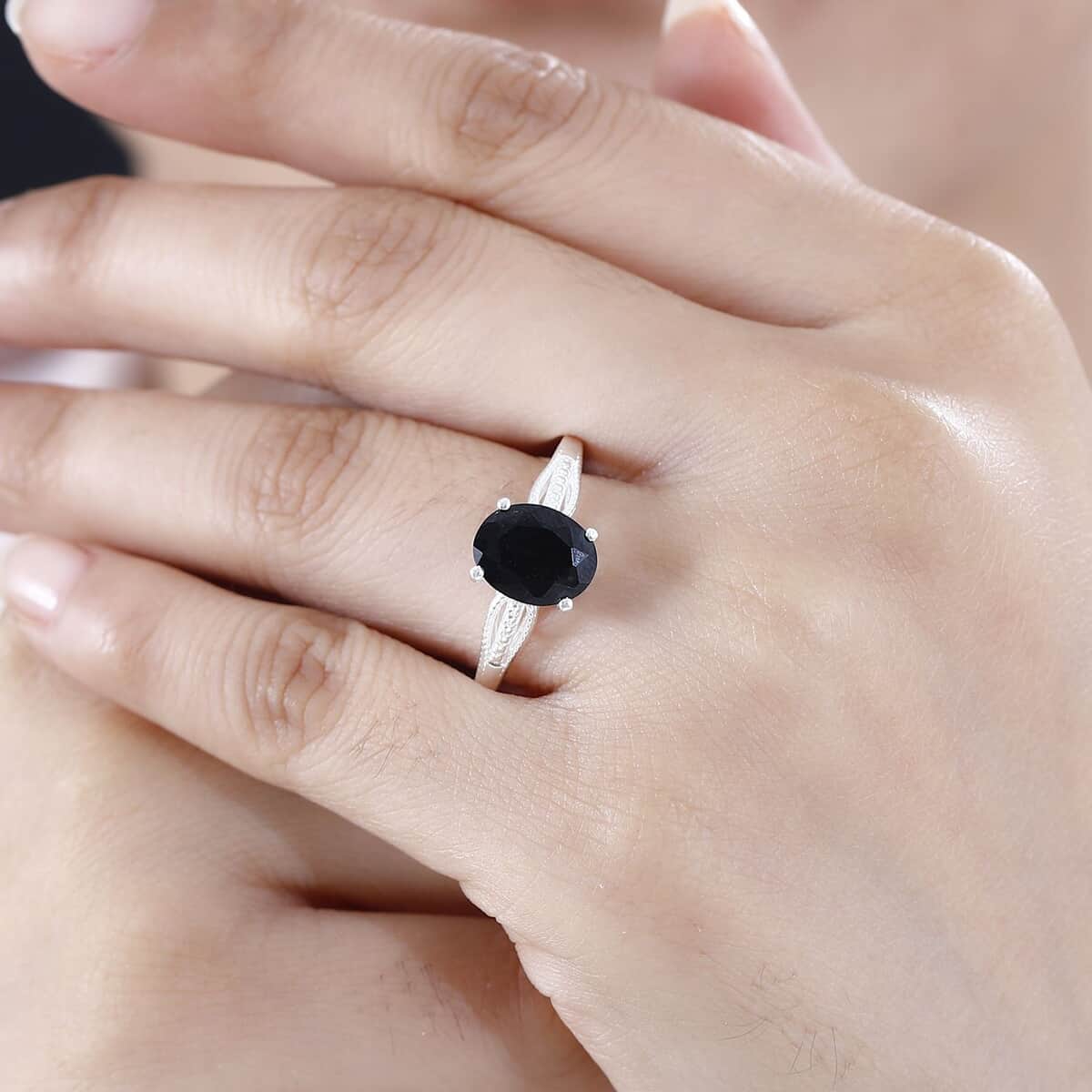 Australian Black Tourmaline Solitaire Ring in Sterling Silver (Size 11.0) 2.90 ctw image number 2