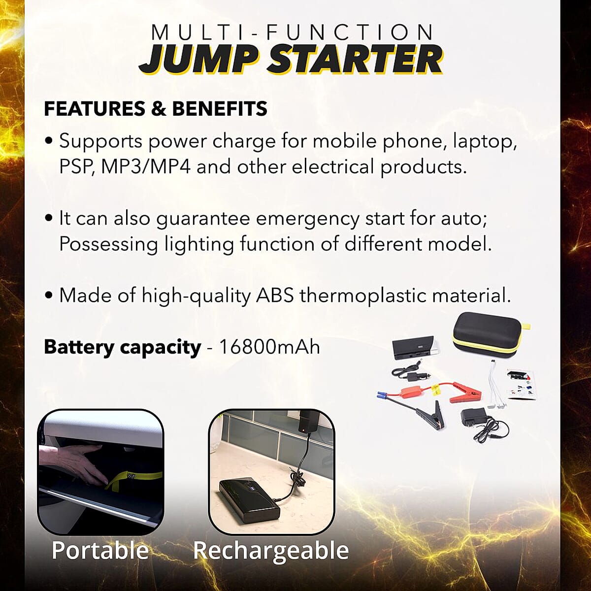 Multi Function Portable Jump Starter Power Bank with Accessories (16800 mAh) image number 2