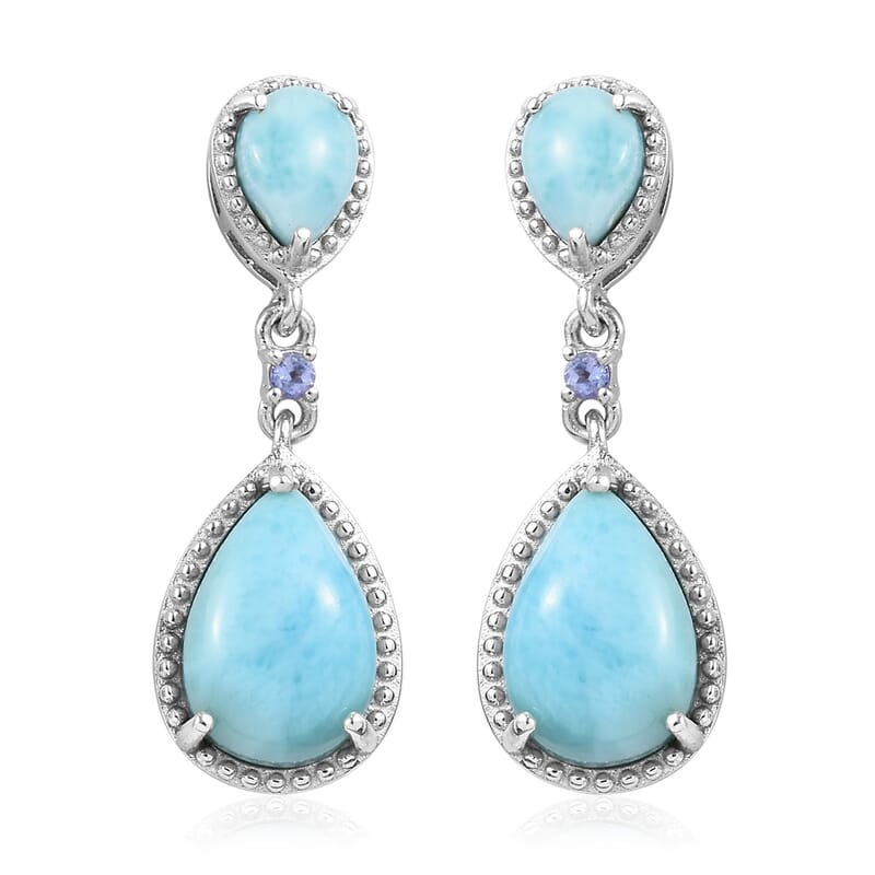 8.25 ctw Larimar and Tanzanite Earrings in Platinum Over Sterling Silver