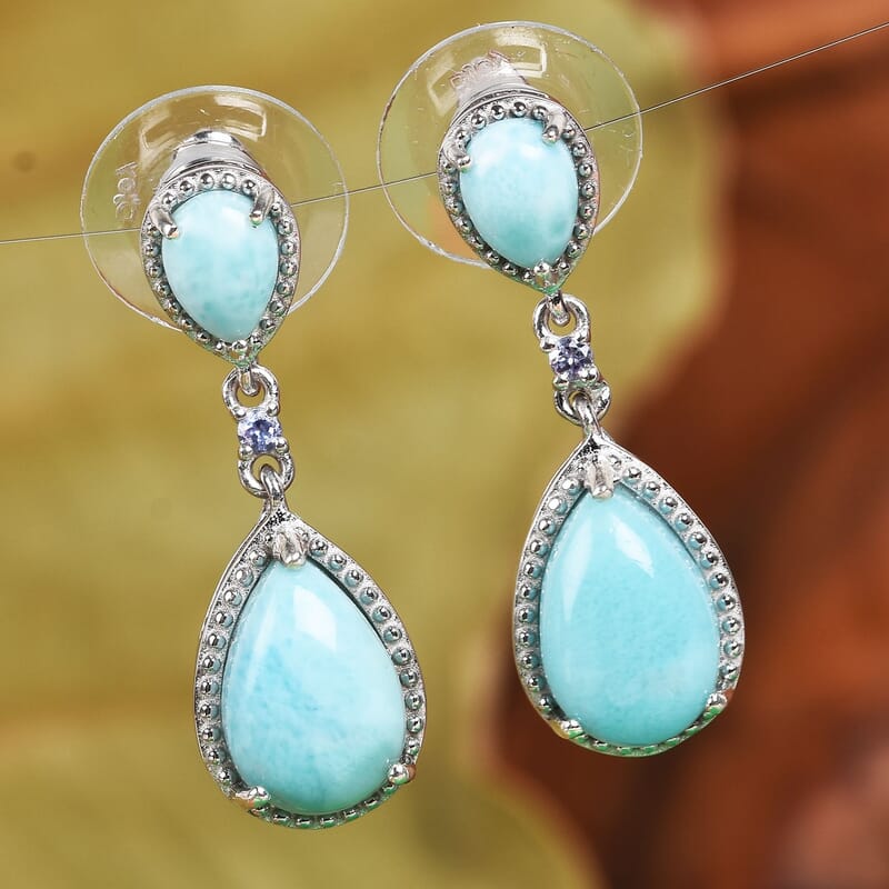 8.25 ctw Larimar and Tanzanite Earrings in Platinum Over Sterling Silver