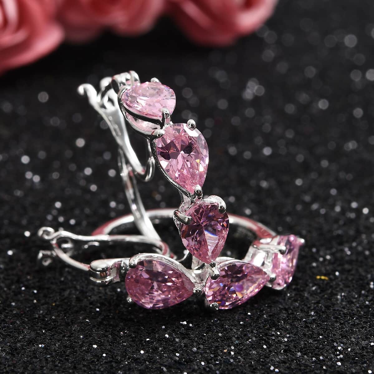 Simulated Pink Diamond Hoop Earrings in Sterling Silver image number 1