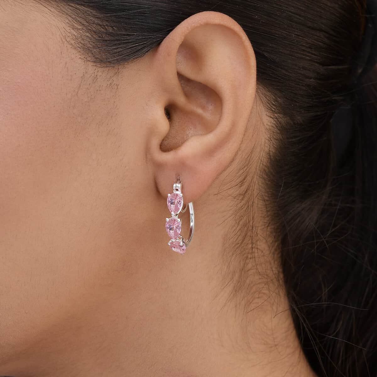 Simulated Pink Diamond Hoop Earrings in Sterling Silver image number 3