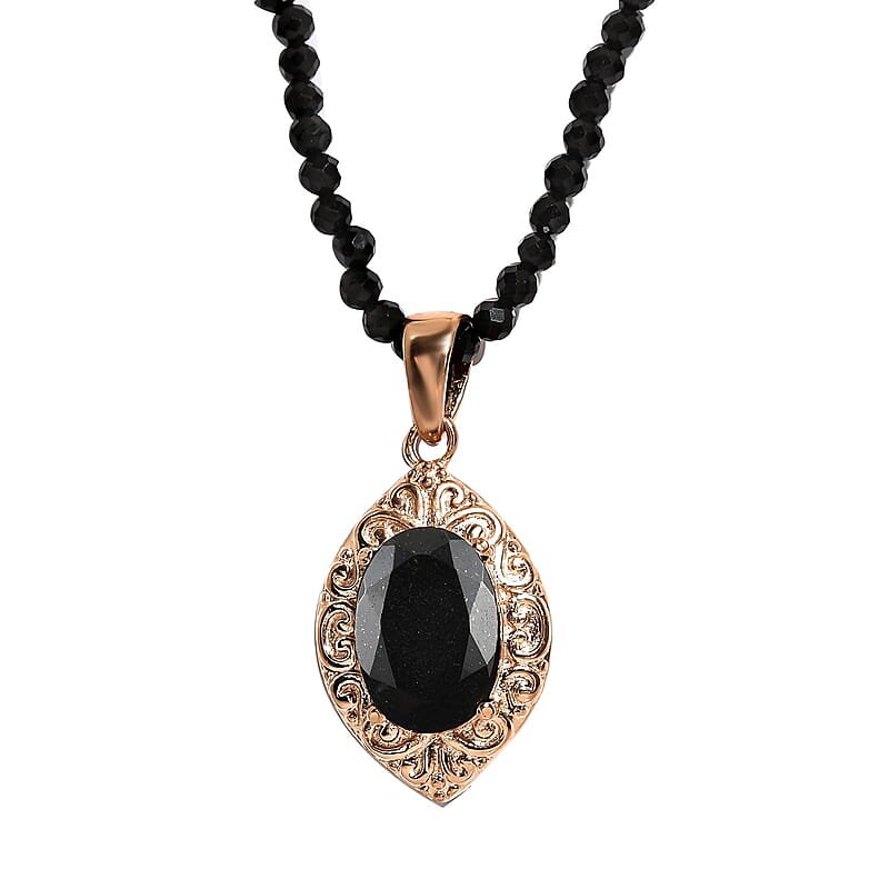 Australian Black Tourmaline Pendant with Black Quartzite Beaded Necklace 20 Inches in ION Plated Rose Gold Steel and Stainless Steel 66.65 ctw