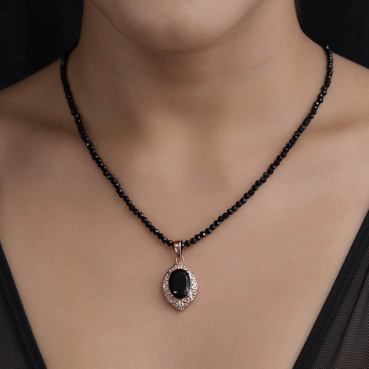 Australian Black Tourmaline Pendant with Black Quartzite Beaded Necklace 20 Inches in ION Plated Rose Gold Steel and Stainless Steel 66.65 ctw image number 1