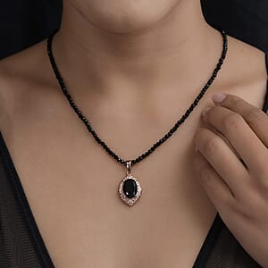 Australian Black Tourmaline Pendant with Black Quartzite Beaded Necklace 20 Inches in ION Plated Rose Gold Steel and Stainless Steel 66.65 ctw