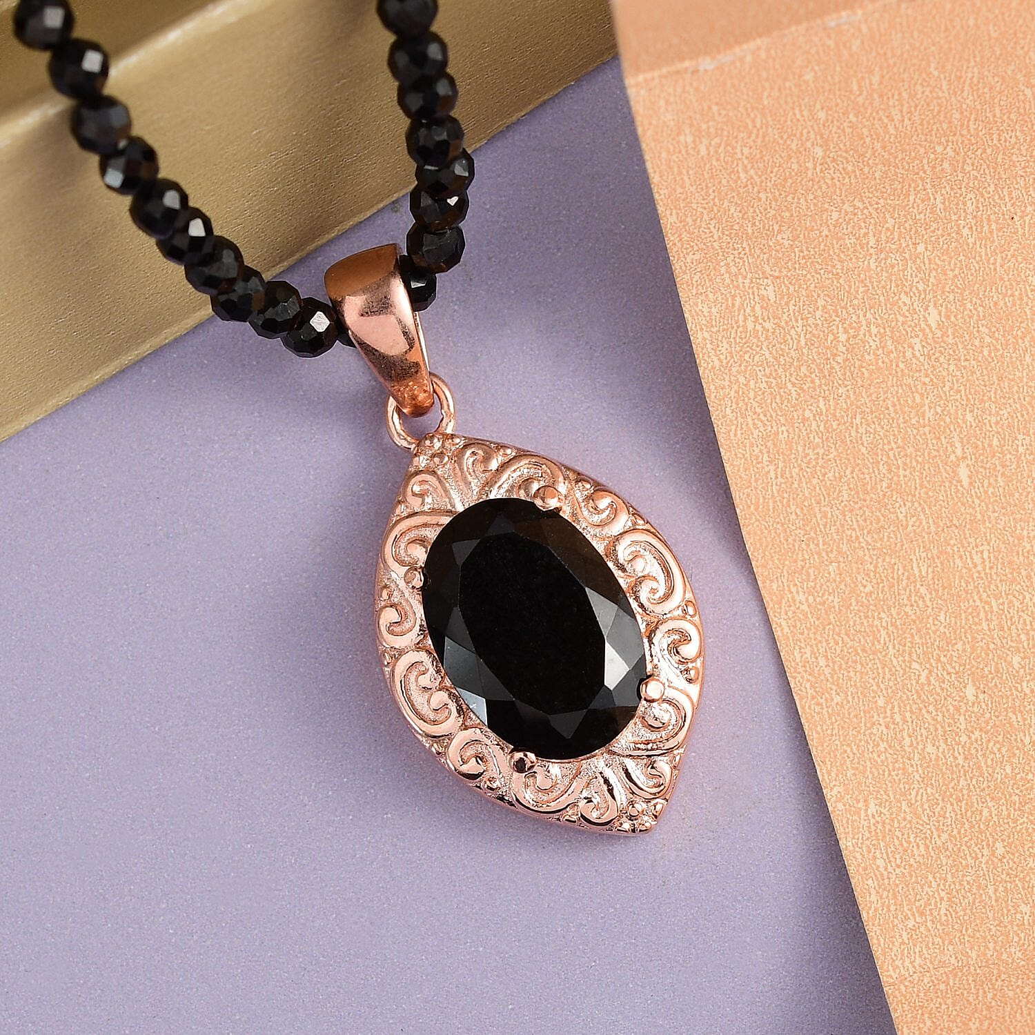 Australian Black Tourmaline Pendant with Black Quartzite Beaded Necklace 20 Inches in ION Plated Rose Gold Steel and Stainless Steel 66.65 ctw