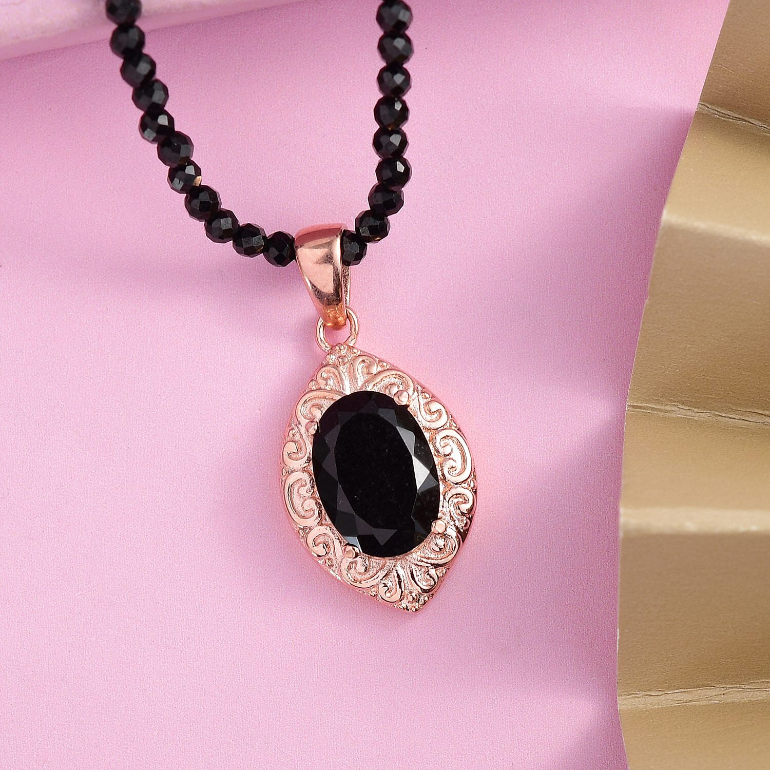 Australian Black Tourmaline Pendant with Black Quartzite Beaded Necklace 20 Inches in ION Plated Rose Gold Steel and Stainless Steel 66.65 ctw
