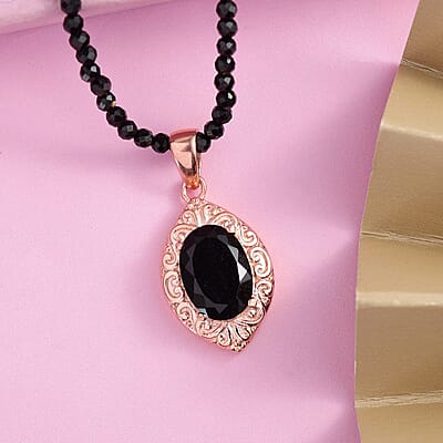 Australian Black Tourmaline Pendant with Black Quartzite Beaded Necklace 20 Inches in ION Plated Rose Gold Steel and Stainless Steel 66.65 ctw