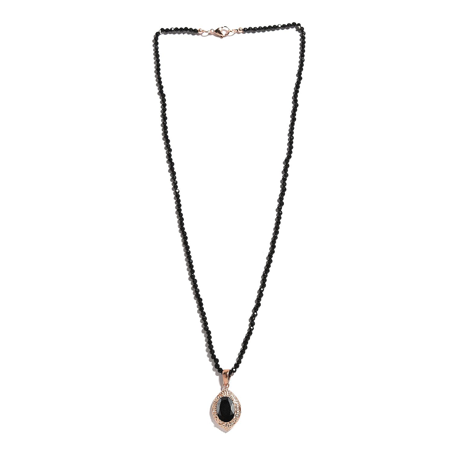 Australian Black Tourmaline Pendant with Black Quartzite Beaded Necklace 20 Inches in ION Plated Rose Gold Steel and Stainless Steel 66.65 ctw