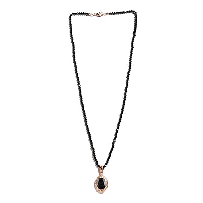 Australian Black Tourmaline Pendant with Black Quartzite Beaded Necklace 20 Inches in ION Plated Rose Gold Steel and Stainless Steel 66.65 ctw