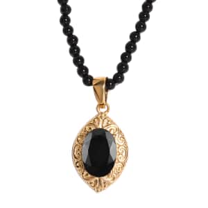 Australian Black Tourmaline Pendant with Black Quartzite Beaded Necklace 20 Inches in ION Plated Yellow Gold Steel and Stainless Steel 62.00 ctw