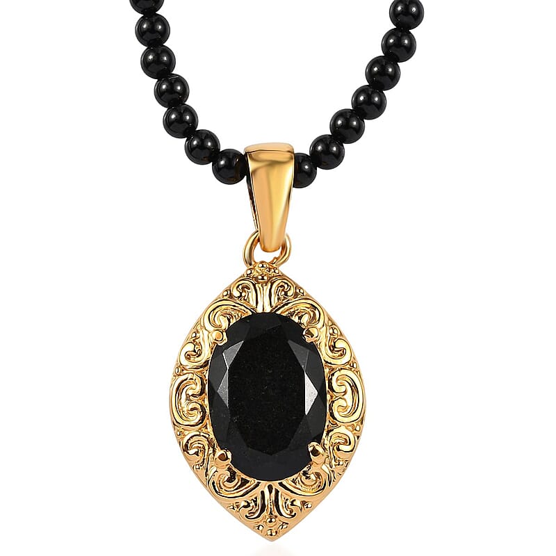 Australian Black Tourmaline Pendant with Black Quartzite Beaded Necklace 20 Inches in ION Plated Yellow Gold Steel and Stainless Steel 34.90 ctw