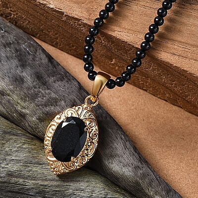 Australian Black Tourmaline Pendant with Black Quartzite Beaded Necklace 20 Inches in ION Plated Yellow Gold Steel and Stainless Steel 34.90 ctw