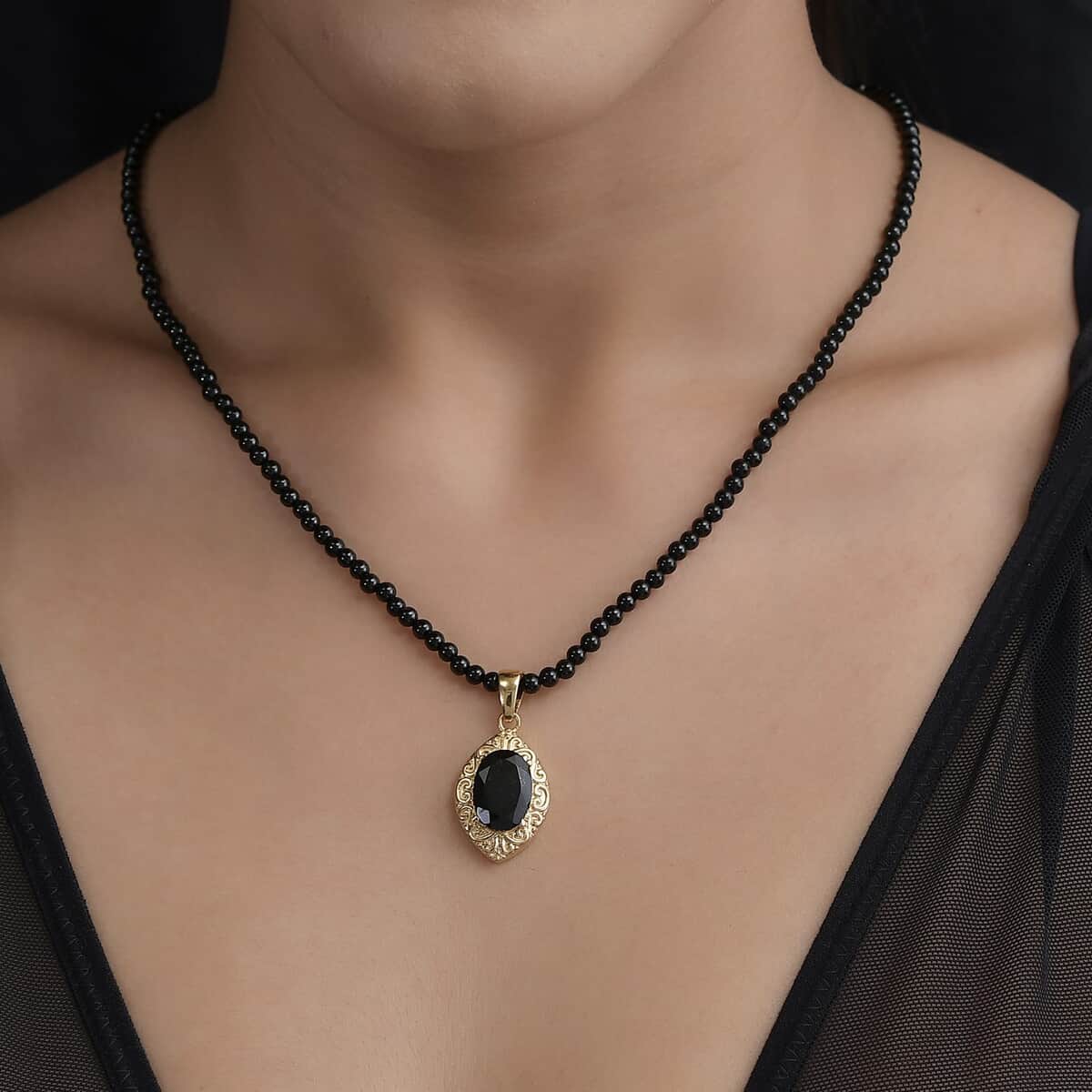 Australian Black Tourmaline Pendant with Black Quartzite Beaded Necklace 20 Inches in ION Plated Yellow Gold Steel and Stainless Steel 62.00 ctw image number 2